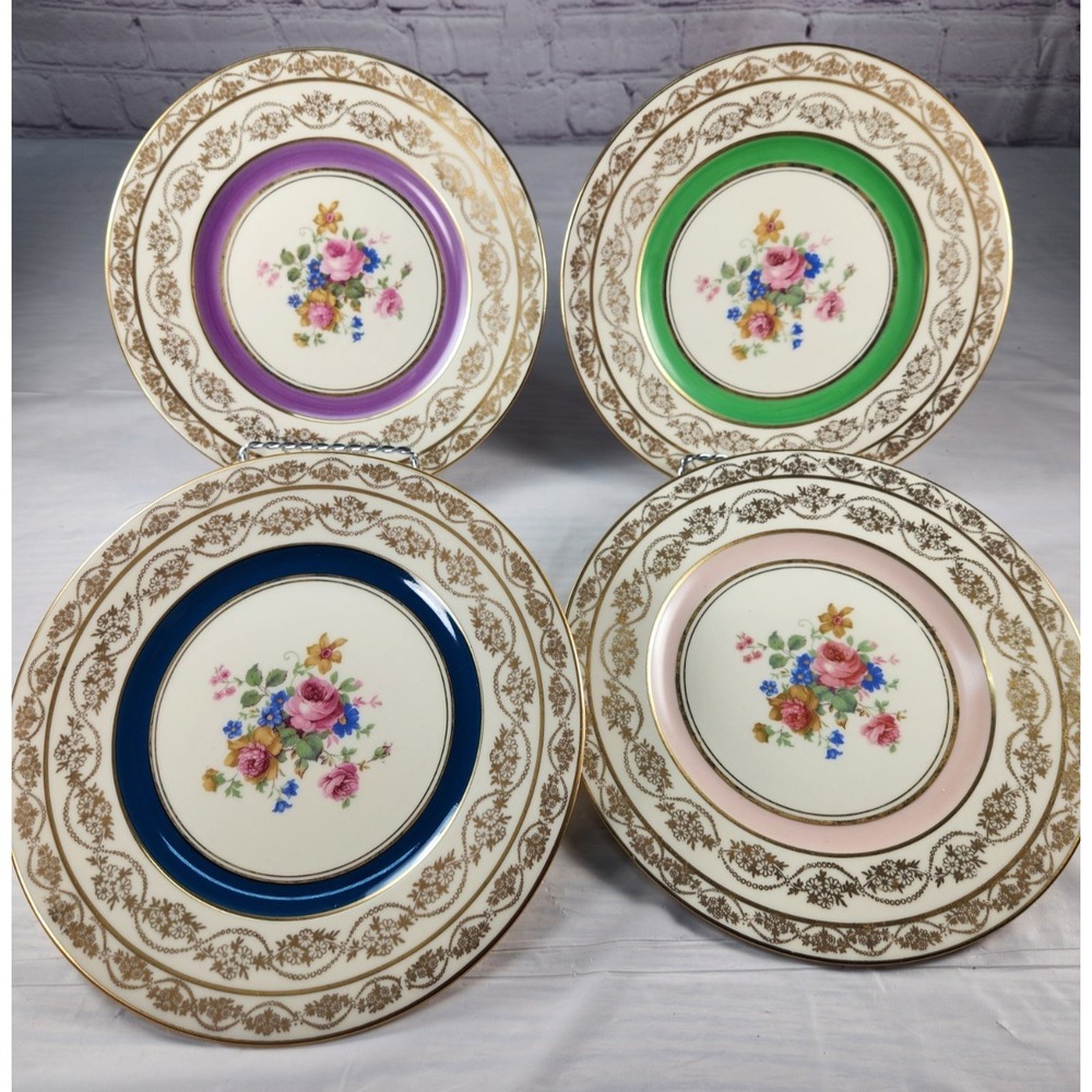 Set Of Four Gorgeous Antique M & R Hand Painted Floral Bouquet Plates